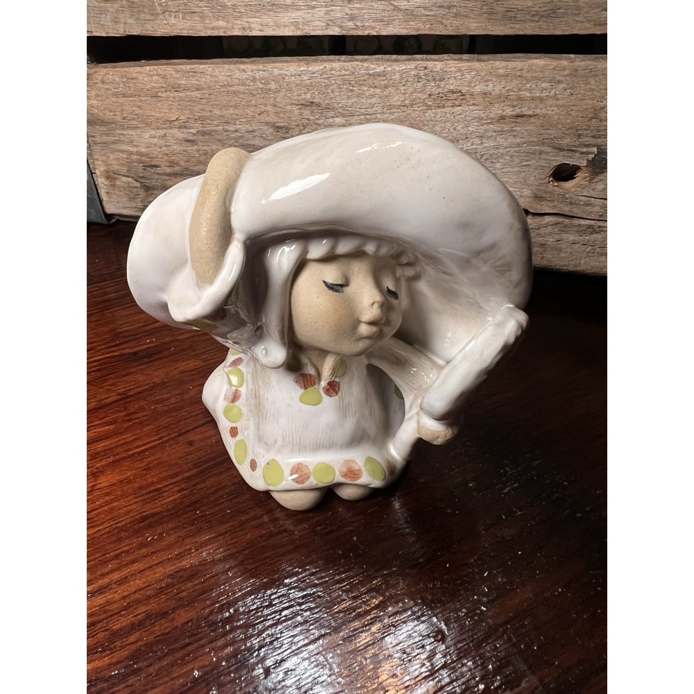 Vintage UCTCI Japan Figurine Poppet Trixie Girl w/mirror Bonnet Ceramic 1960's